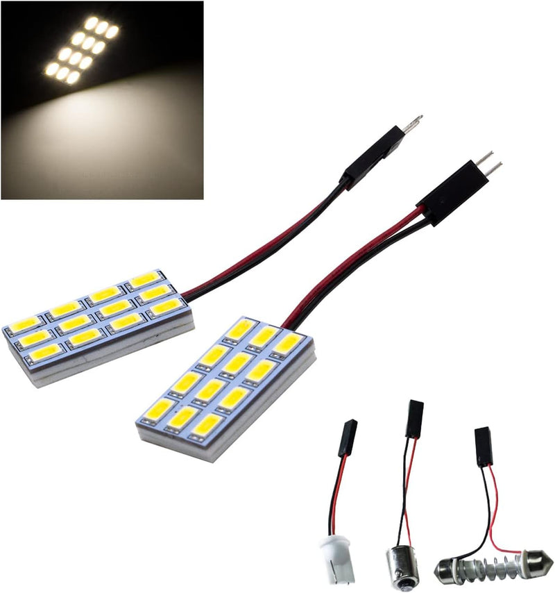 HYUGA 2x 12SMD 5630 White 6500K LED Panel Dome Board Light Auto Car Interior Bulb DC 12V-24V With T10 / BA9S / Festoon Adapters